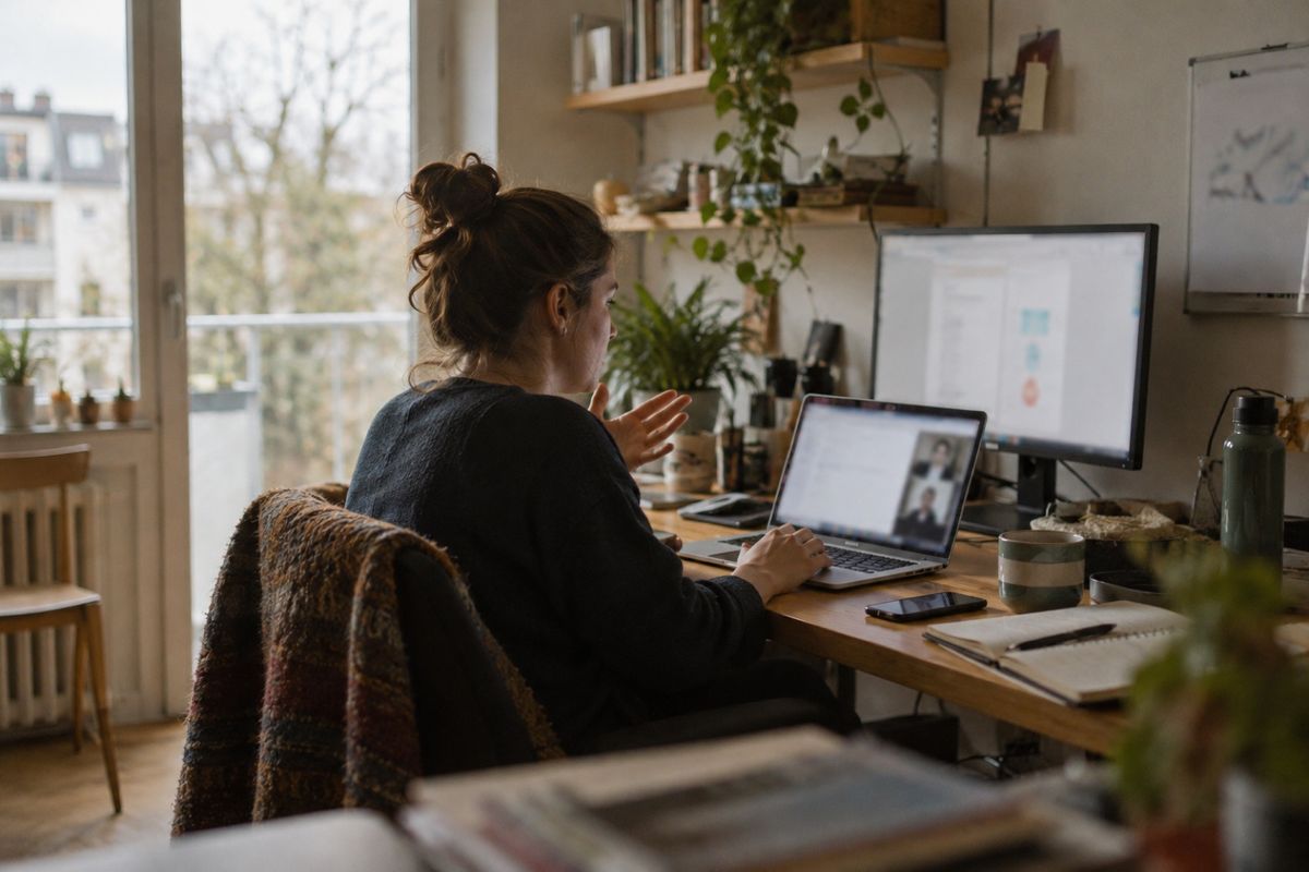 Symbolbild: Eine Frau sitzt im Homeoffice am Schreibtisch vor Laptop und Bildschirm und erklärt im Videogespräch etwas mit einer Handbewegung