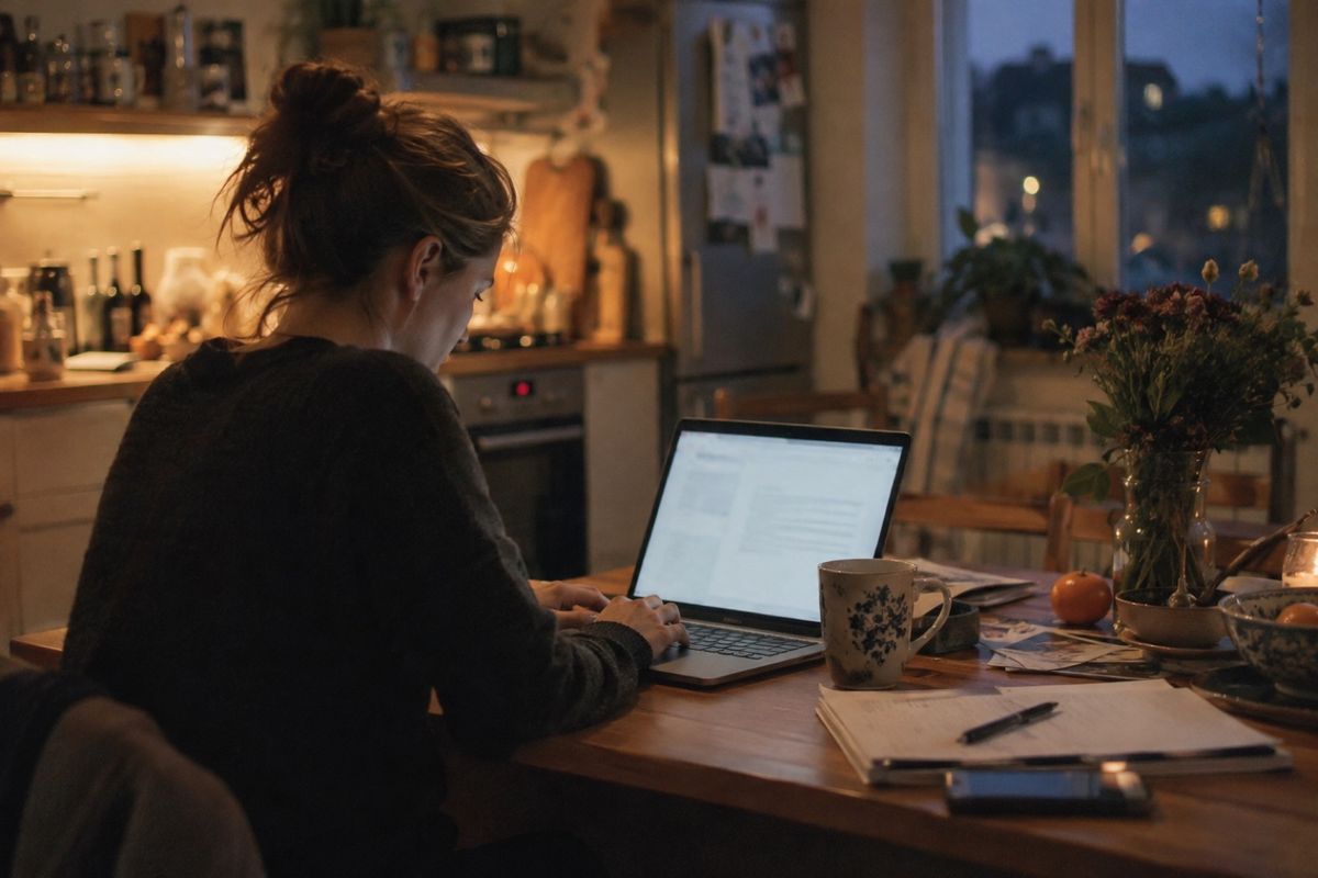 Symbolbild: Eine Frau sitzt abends am Küchentisch und tippt auf ihrem Laptop, daneben ein Kaffeebecher, ein Notizblock und ein Blumenstrauß