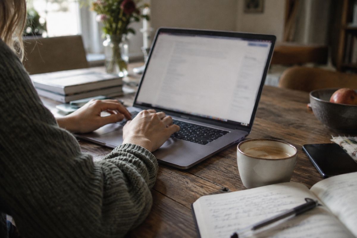 Symbolbild: Hände tippen auf der Tastatur eines Laptops an einem Holztisch, daneben eine Tasse Kaffee, ein Smartphone und ein aufgeschlagenes Notizbuch